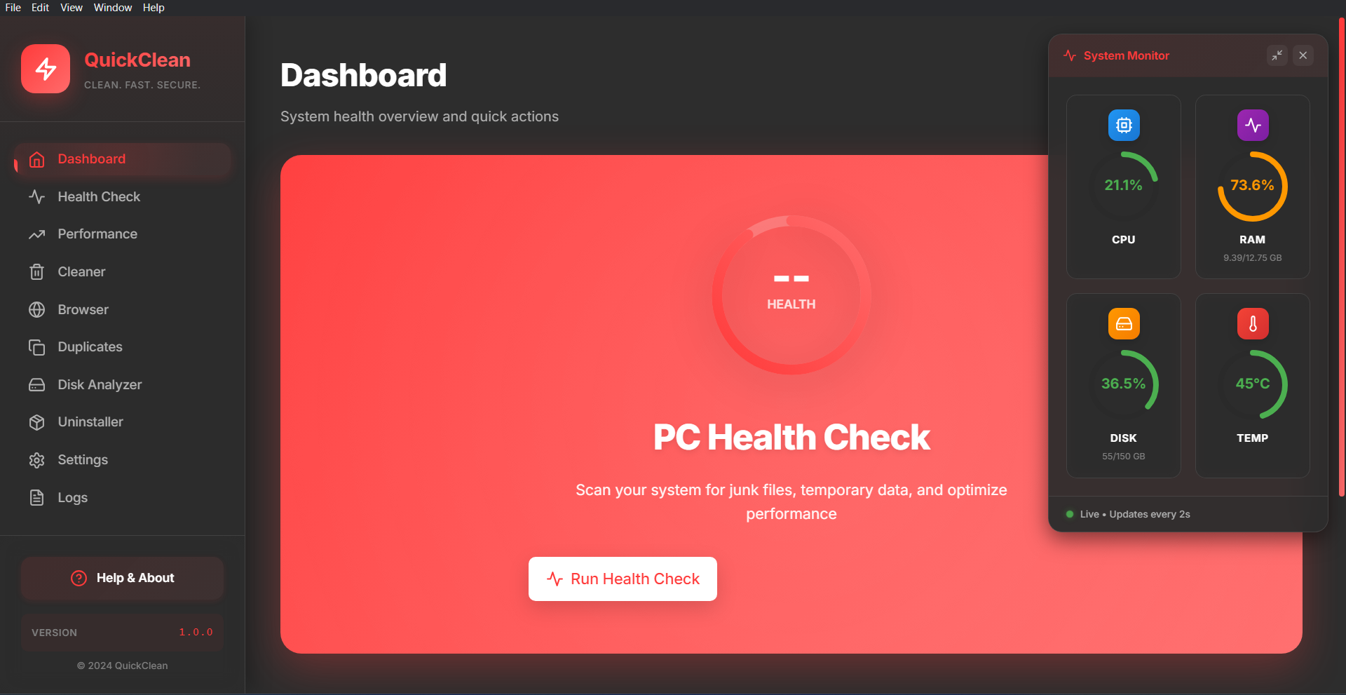 QuickClean System Dashboard